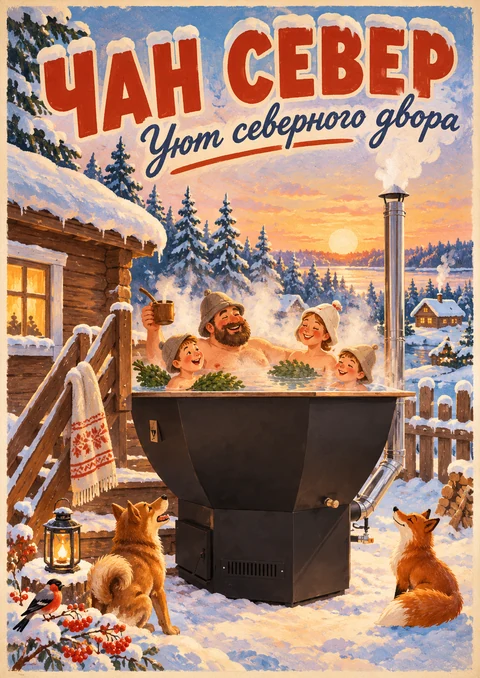 Зимний рисованный плакат с семьёй в банном чане и собаками — ЧАН СЕВЕР