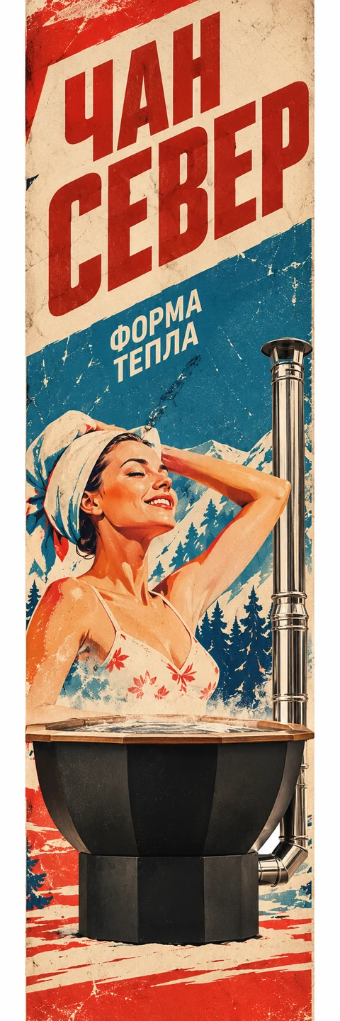 Узкий красно-синий плакат с женщиной в банном чане — ЧАН СЕВЕР