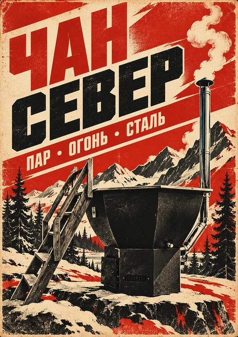 Красно-чёрный плакат с чаном, горами и хвойным лесом — ЧАН СЕВЕР