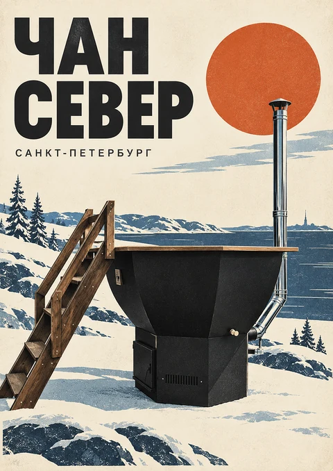 Графический зимний плакат с чаном и оранжевым солнцем — ЧАН СЕВЕР